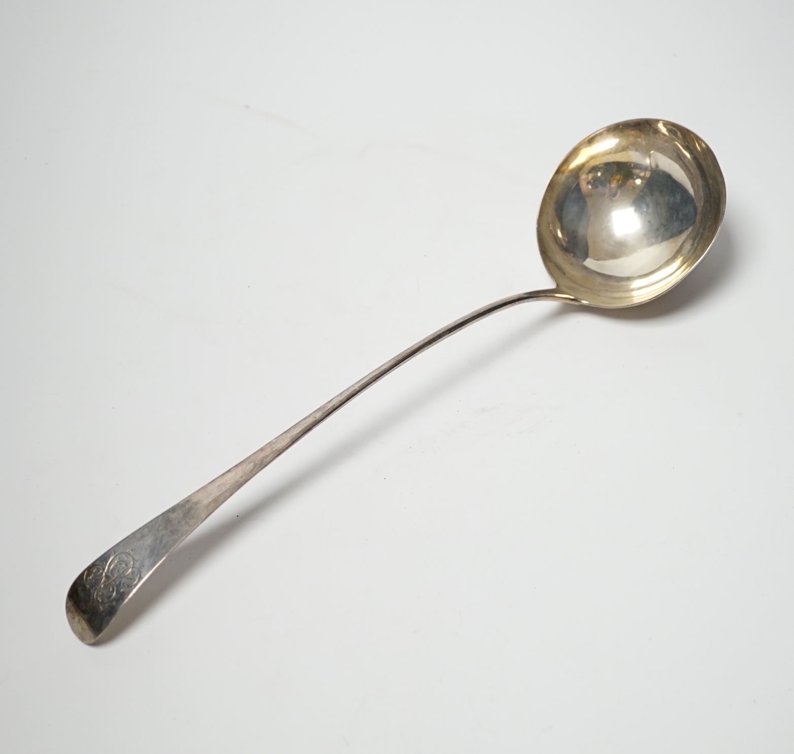 An 18th century silver base mark Old English pattern soup ladle, maker GS, London, circa 1770, 34cm.